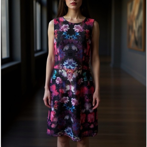 Betsey Johnson Dresses & Skirts - Betsy Johnson Floral Print Scuba Dress Neon Punk Purple